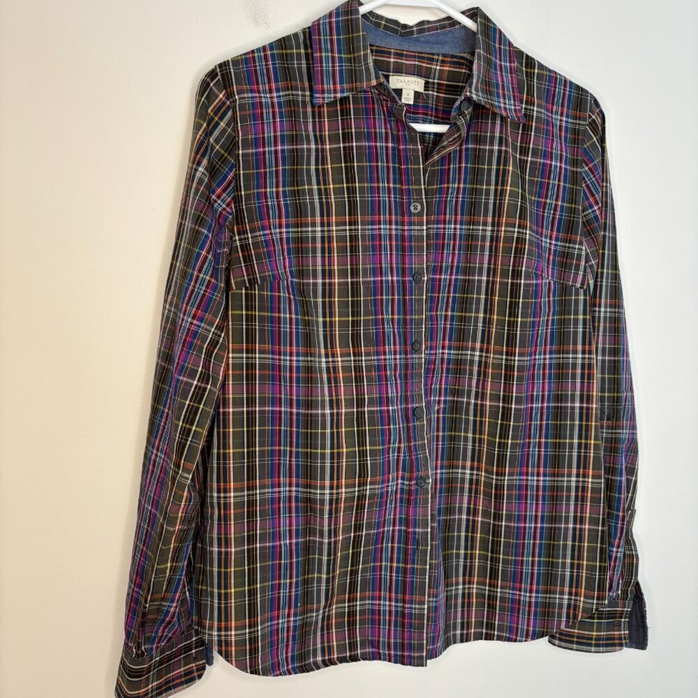 TALBOTS Roll Tab Sleeve Button Up Blouse Womens S Plaid Pink Blue Gray Cotton